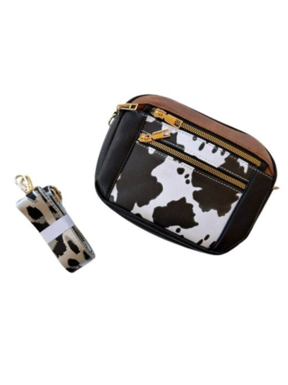 Cow Print Western Crossbody Camera Bag Tan Vegan Leather Leopard Guitar Strap